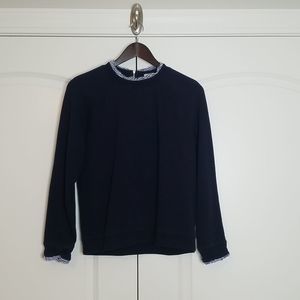 J.Crew Preppy Striped Ruffled Collar Navy Blue Sweater